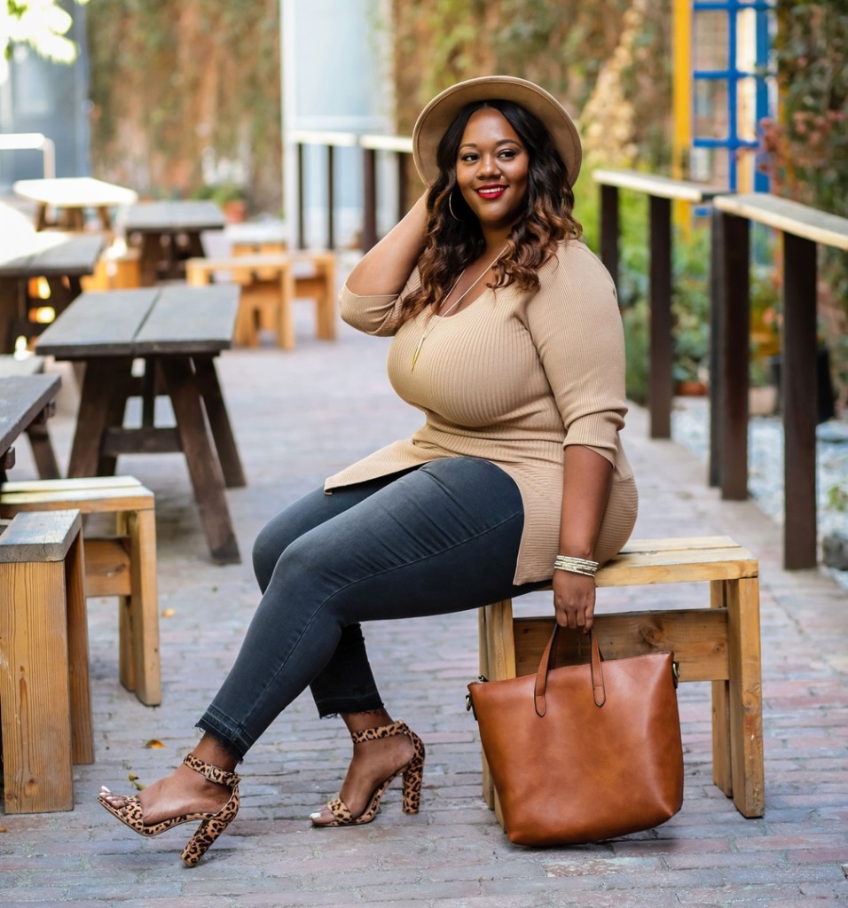fall outfit idea for plus size with Fedora Hat