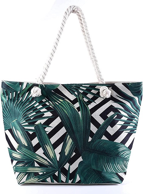 green tropical canvas Extra Large Beach Bag for Women Waterproof Weekender Big Pool Tote Bag With Zipper, Inner Pocket