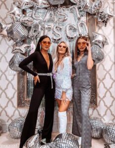 Disco Bachelorette Party Outfits with Pink Sunglasses for Last Disco