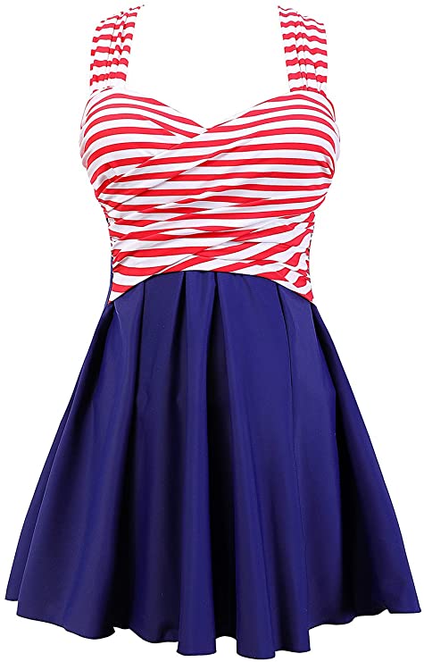 navy and red and white swim dress to hide belly with skirt
