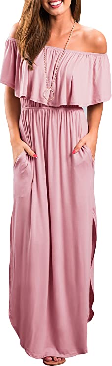 off shoulder pink ruffled maxi dress