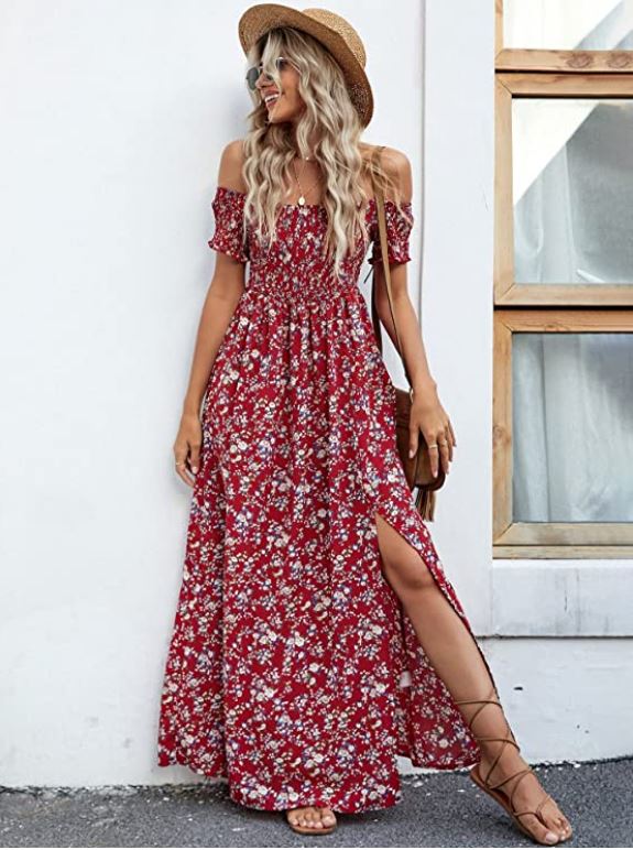 off shoulder red beach vacation dress