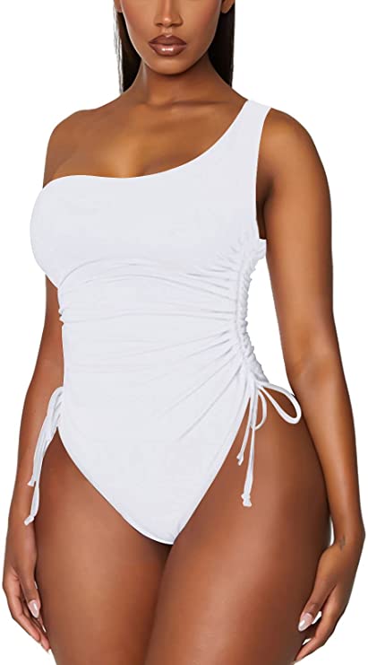 white Viottiset Women's Ruched High Cut One Piece Swimsuit Tummy Control Monokini Bikini