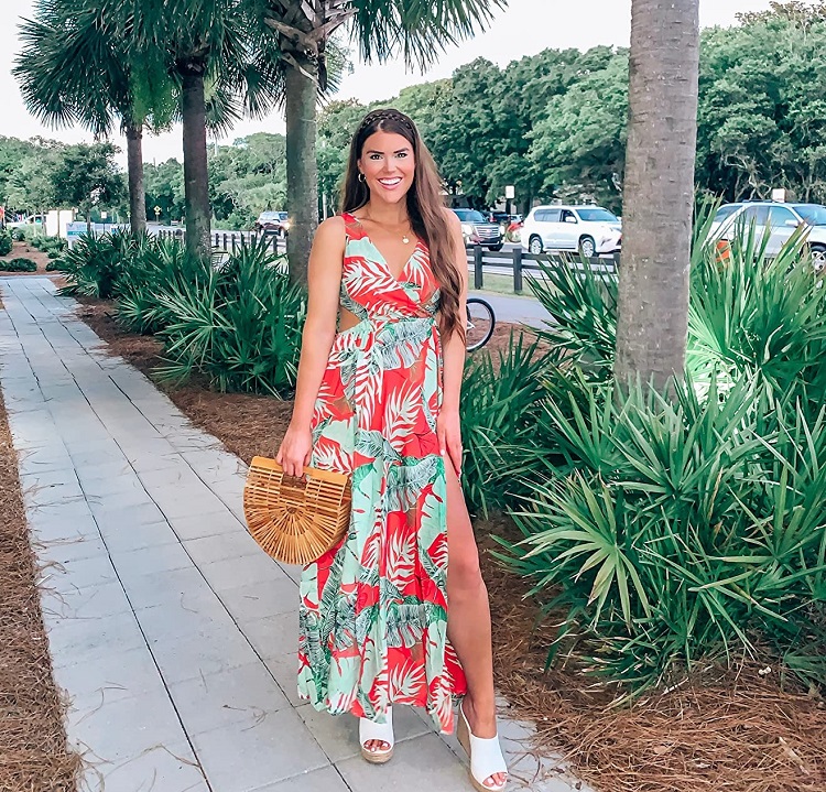 red palm maxi dress outfit for resort vacation