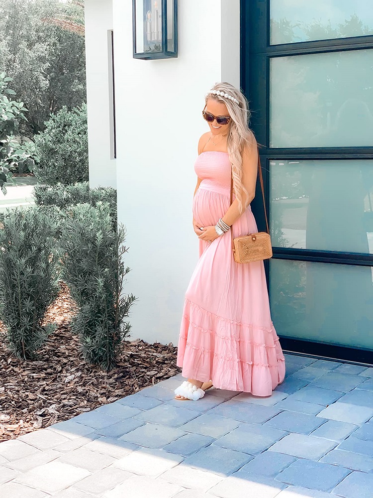 pink maternity maxi dress for summer outfit