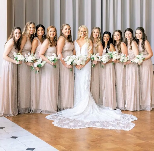 Sparkly Champagne Bridesmaid Dresses with Tie Waist