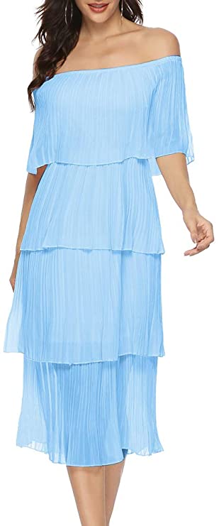 off should light blue pleated dress for wedding guest
