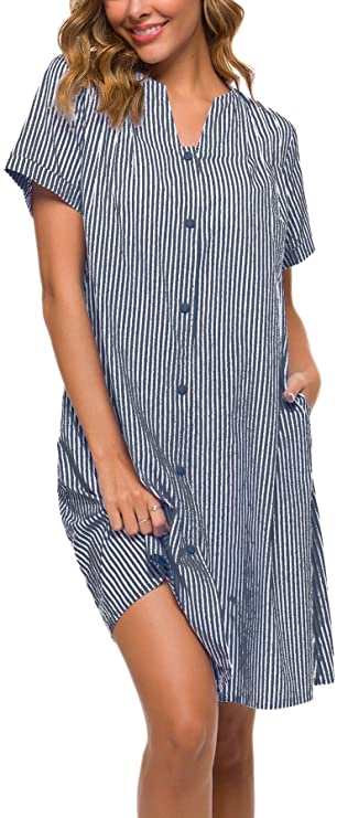 striped blue and white house dress with buttons