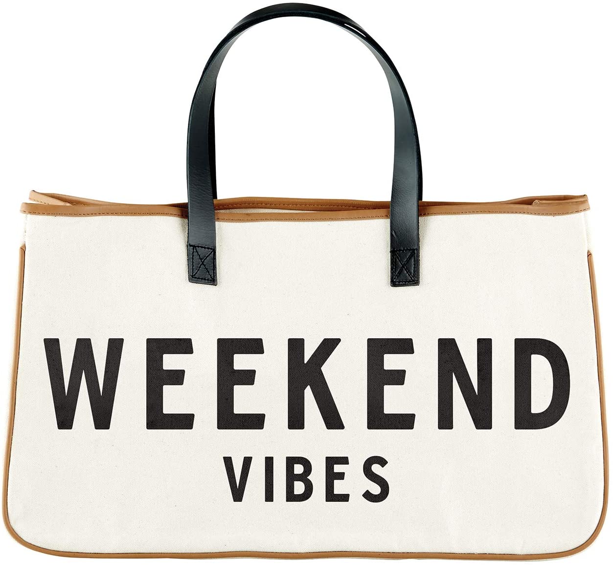 Weekend Vibes canvas beach tote with black leather handle
