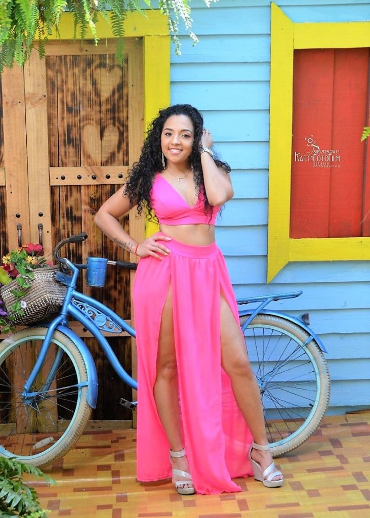 Bright Pink Miami and Tropical Vacation Two Piece Outfit with Slit Pants and Bikini Top