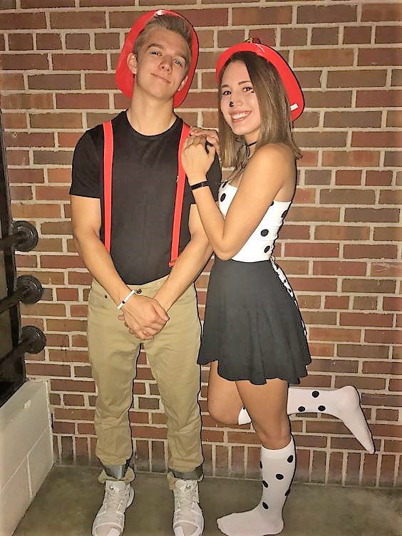 Dalmatian and Firefighter College Couples Halloween Costumes
