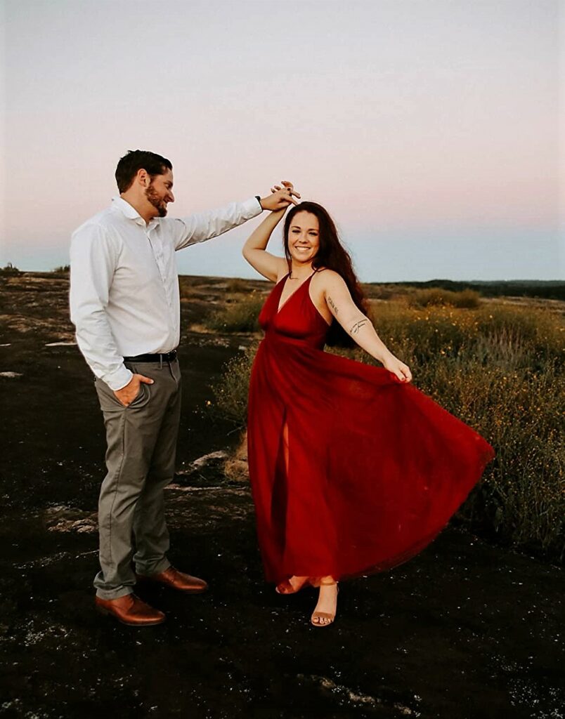 Fall Engagement Photoshoot Outfits with Red Dress