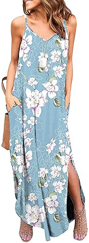 HUSKARY Blue Floral Casual Maxi Summer Dress with Pockets