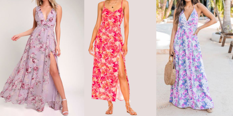 Hawaii Wedding Guest Dresses and Hawaiian Wedding Guest Attire with Floral Maxi Dresses