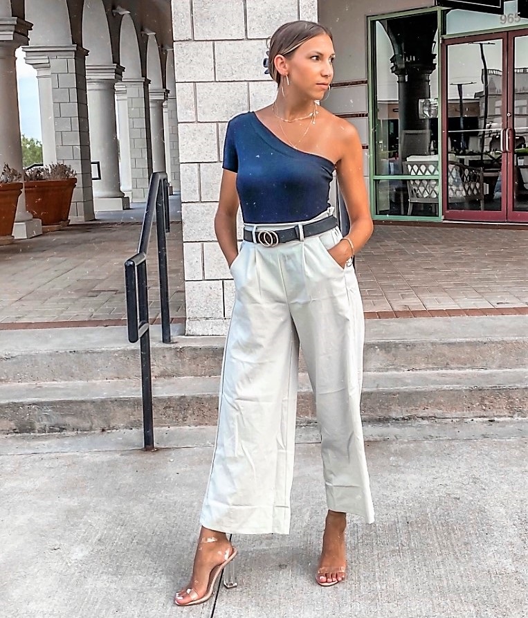 Miami Beach Classy Vacation Outfit with Tan Palazzo Pants and One Shoulder Tank