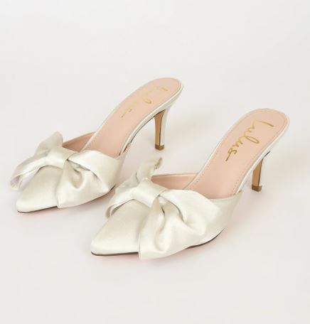 Satin Ivory Pointed Toe Mules for Bride with Bow and Low Heels