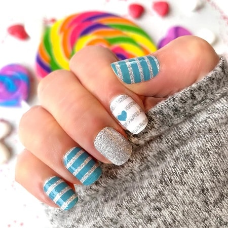 Back to School Nails with White and Blue Stripes