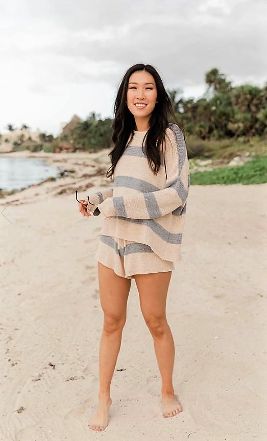Casual Beach Vacation Outfit with Shorts and Stripe Long Sleeve Shirt