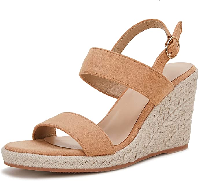 VETASTE comfortable wedge Espadrille sandals in tan for vacation outfits, wedding guest dresses, and summer outfits