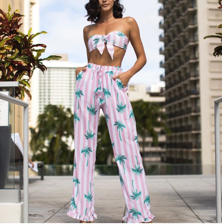 Miami, Florida, West Palm Beach Vacation Outfit with White and Pink Stripe Palazzo Pants with Palm Trees