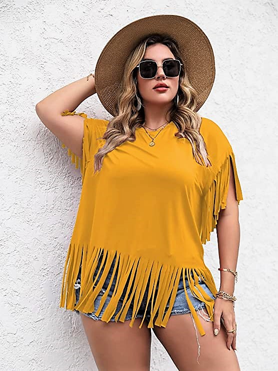 Cute Plus Size Country Concert Outfit with Yellow Fringe Shirt