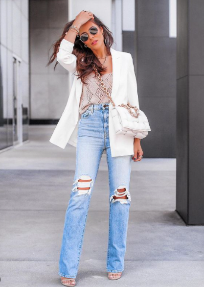 Sexy Cute Spring Outfit for Women with White Blazer and Jeans