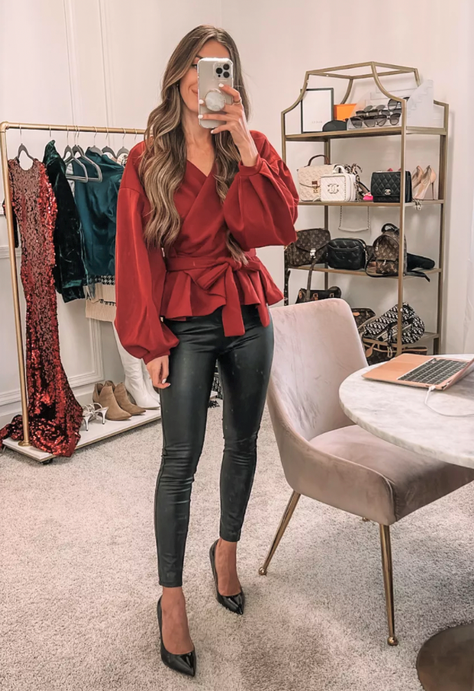 Sexy Fall Outfit with Black Leggings and Red Blouse