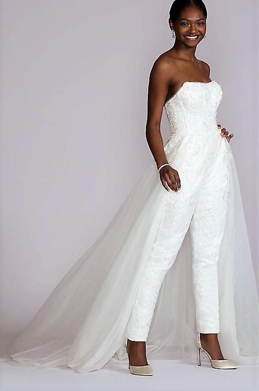 White Jumpsuit for Wedding with Sequins and Overskirt for Bride