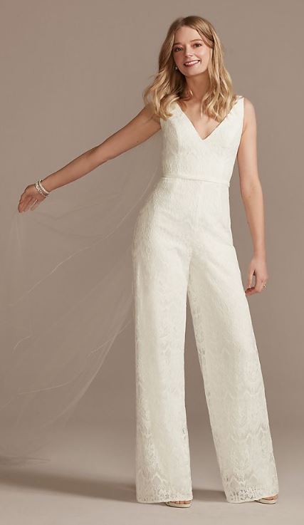 White Jumpsuit for Wedding Bride V-Neck with Wide Leg and Scalloped Lace