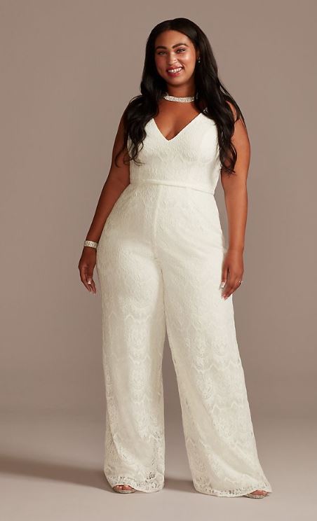 White Plus Size Jumpsuit with Scalloped Lace and V-Neck for Rehearsal Dinner