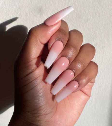 French Tip Coffin Nails and Light Pink and White Ombre Coffin Nails