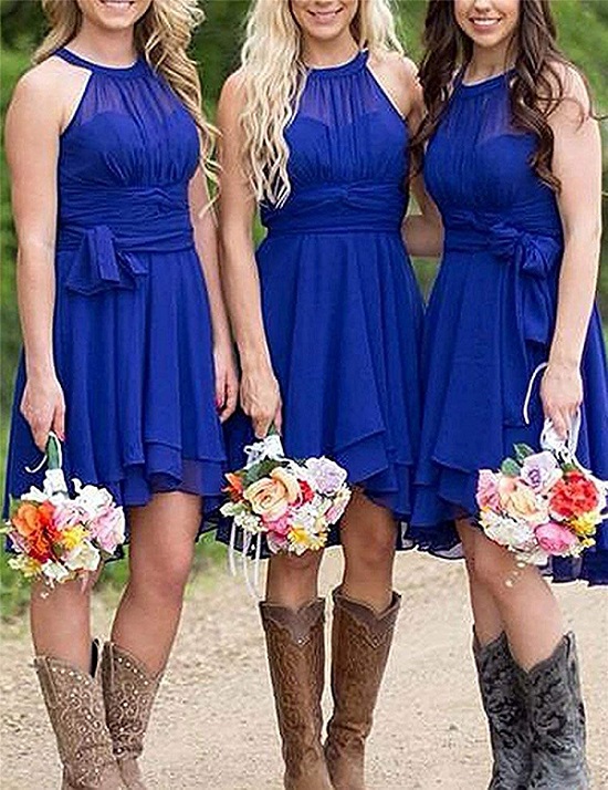 Royal Blue Short Bridesmaid Dresses with Cowboy Boots