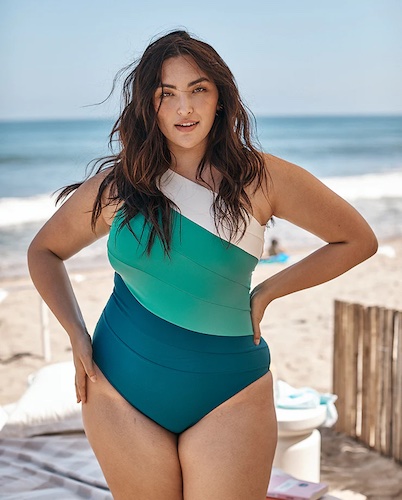 One Shoulder Green and White One Piece Swimsuit to Hide Belly Bulge with Plus Sizes Available
