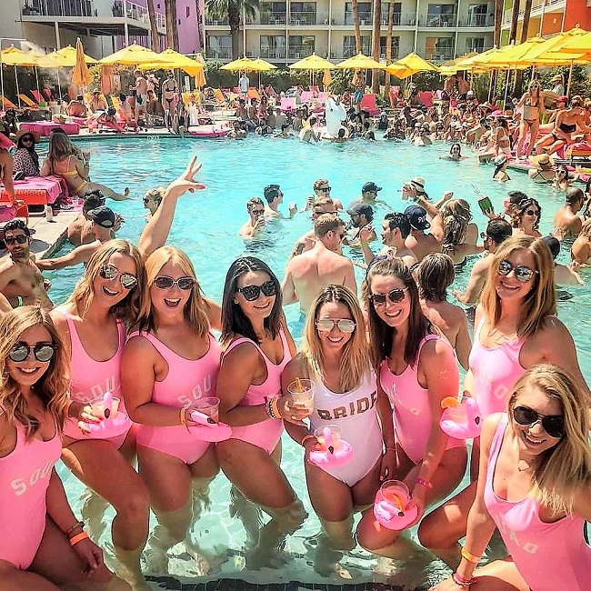 Bachelorette Party Outfit Theme for Pool with Pink Swimsuits