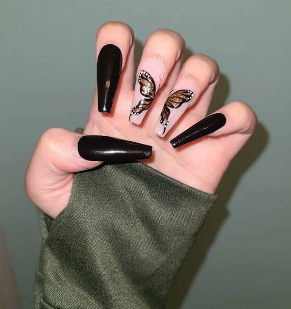 Black Coffin Nails with Butterflies