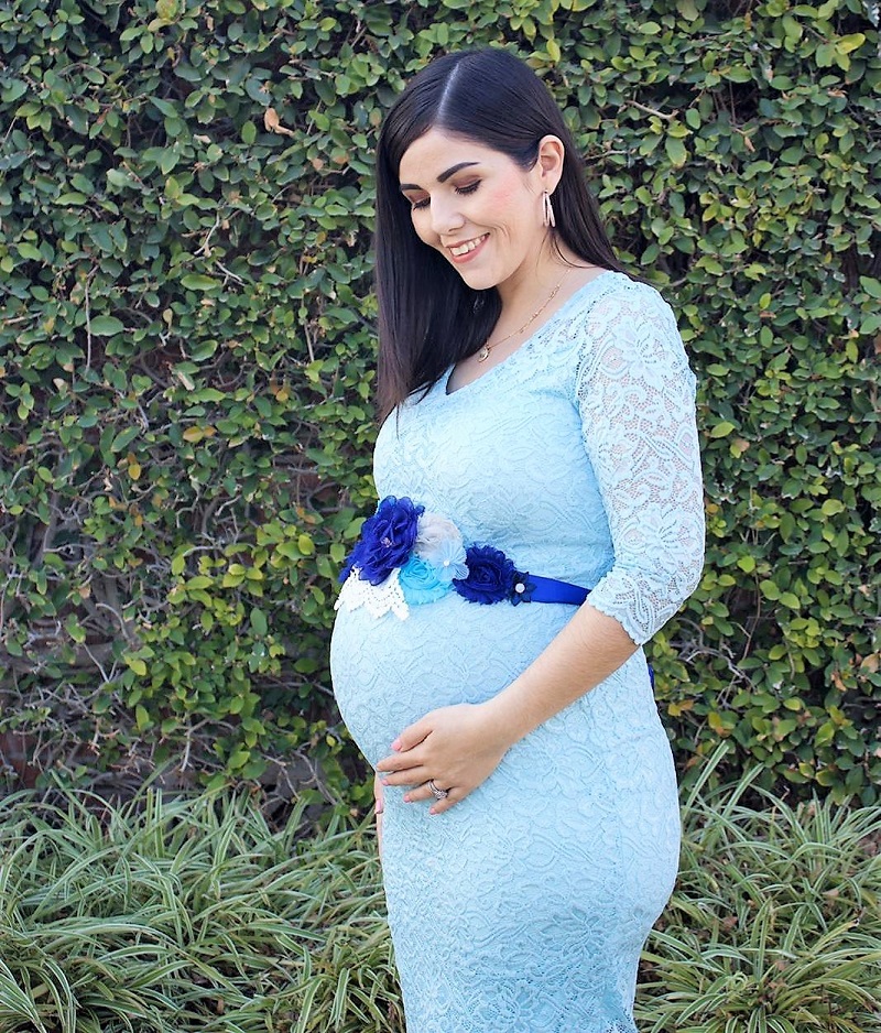 Blue Lace Midi Baby Shower Dress with Long Lace Sleeves