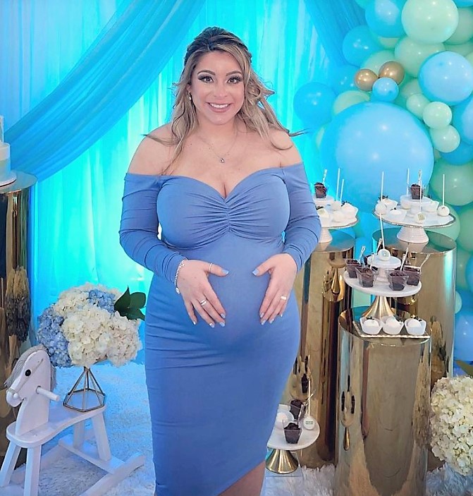 Blue Off Shoulder Ruched Maternity Baby Shower Dress with Long Sleeves
