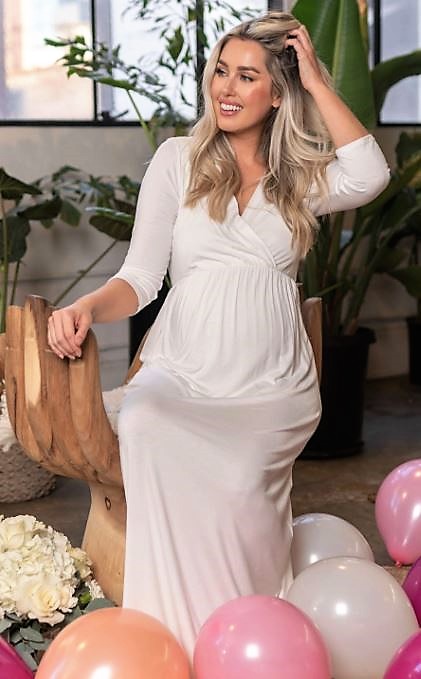 Casual 3/4 Sleeves V-Neck White Baby Shower Ruched Maxi Dress
