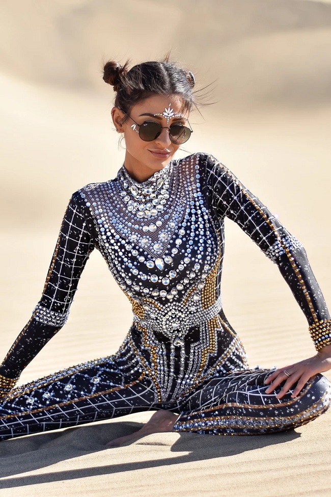 Coachella Festival Outfit and Rave Outfit with Rhinestone Jumpsuit and Diamonds