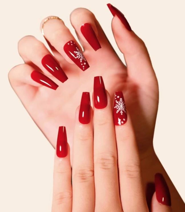 Coffin Christmas Nails in Red with Snowflakes