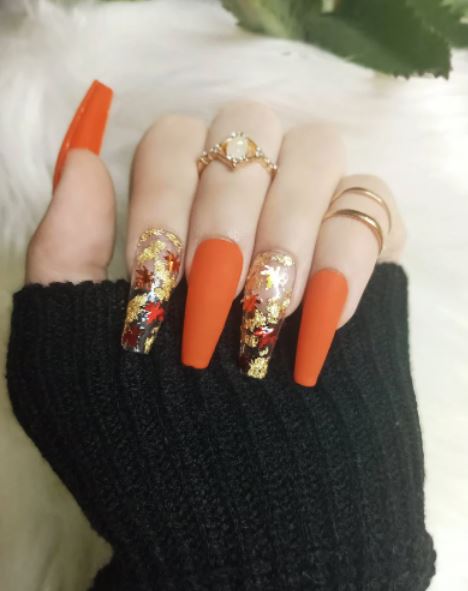 Coffin Fall Nails with Leaves in Burnt Orange