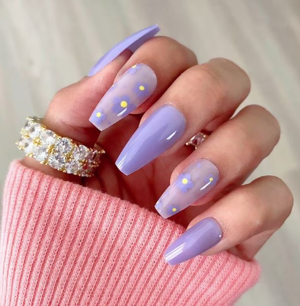 Coffin Purple Nails with Flowers for Spring