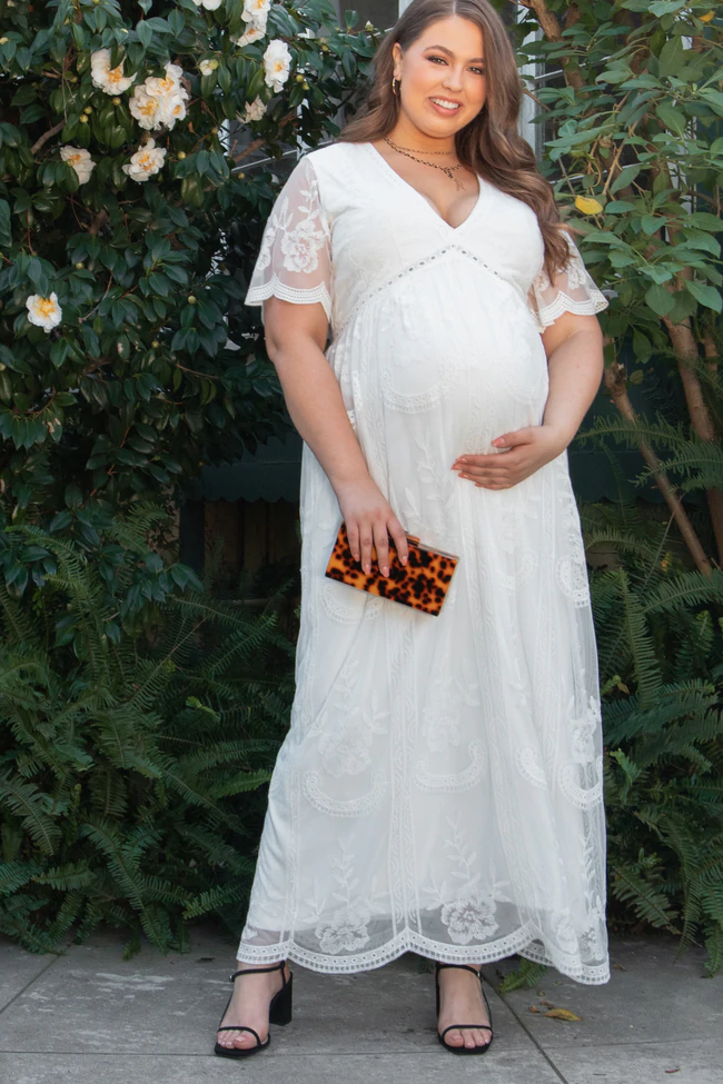 Plus Size Cute White Lace Boho Maternity Baby Shower Dress
