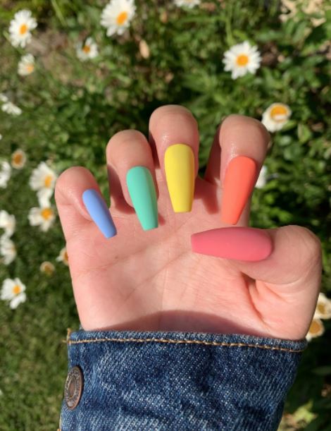 Cute Rainbow Matte Coffin Nails for Summer