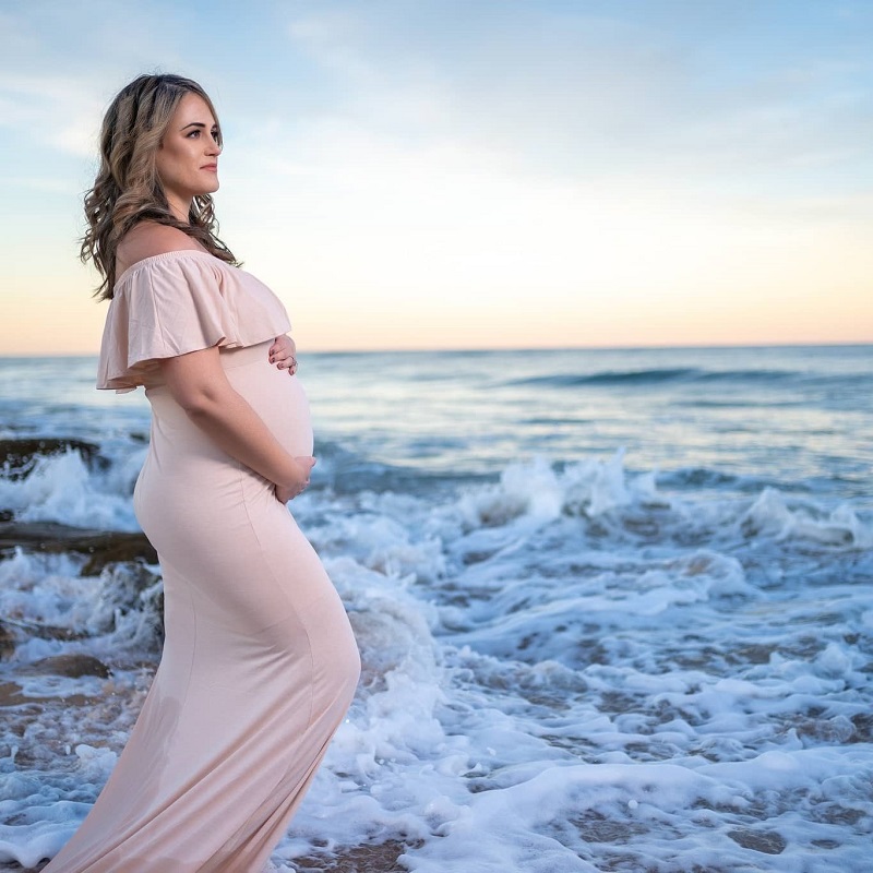 Light Tan and Beige Maternity Photoshoot Dress for Beach Maternity Shoot