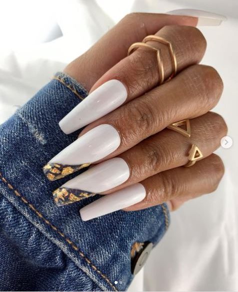 Medium White Coffin Nails with Gold Flakes