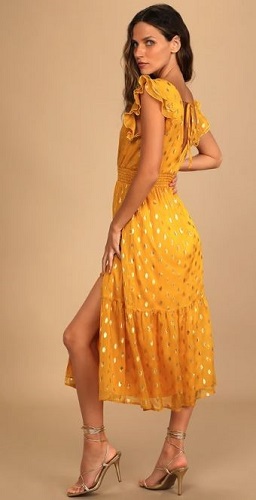 Mustard Yellow and Gold Dot Tiered Wedding Guest Dress Lulus
