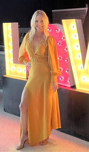 Mustard Yellow Sexy Wedding Guest Dress with Puff Long Sleeves and High Slit with Belt