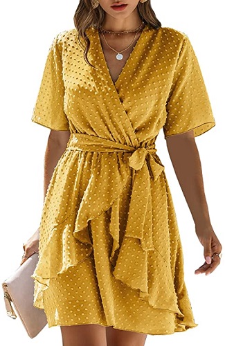 Mustard Yellow Short Wrap Dress by BTFBM with Swiss Dots