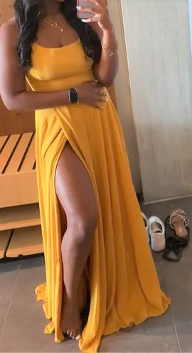 Mustard Yellow Wedding Guest Maxi Dress with Slit in Leg